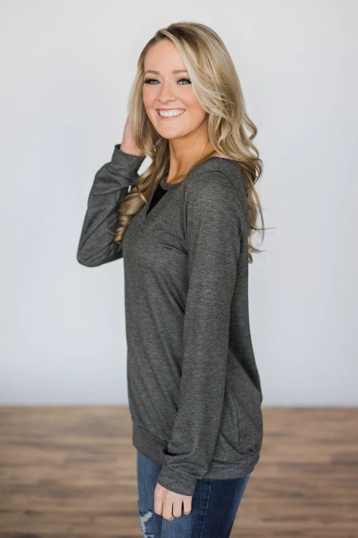 Trace of Lace Long Sleeve Top- Charcoal