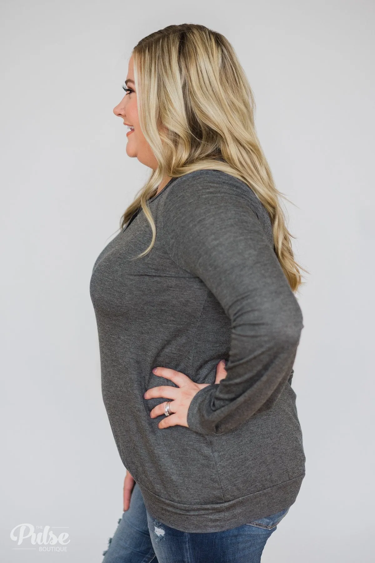 Trace of Lace Long Sleeve Top- Charcoal