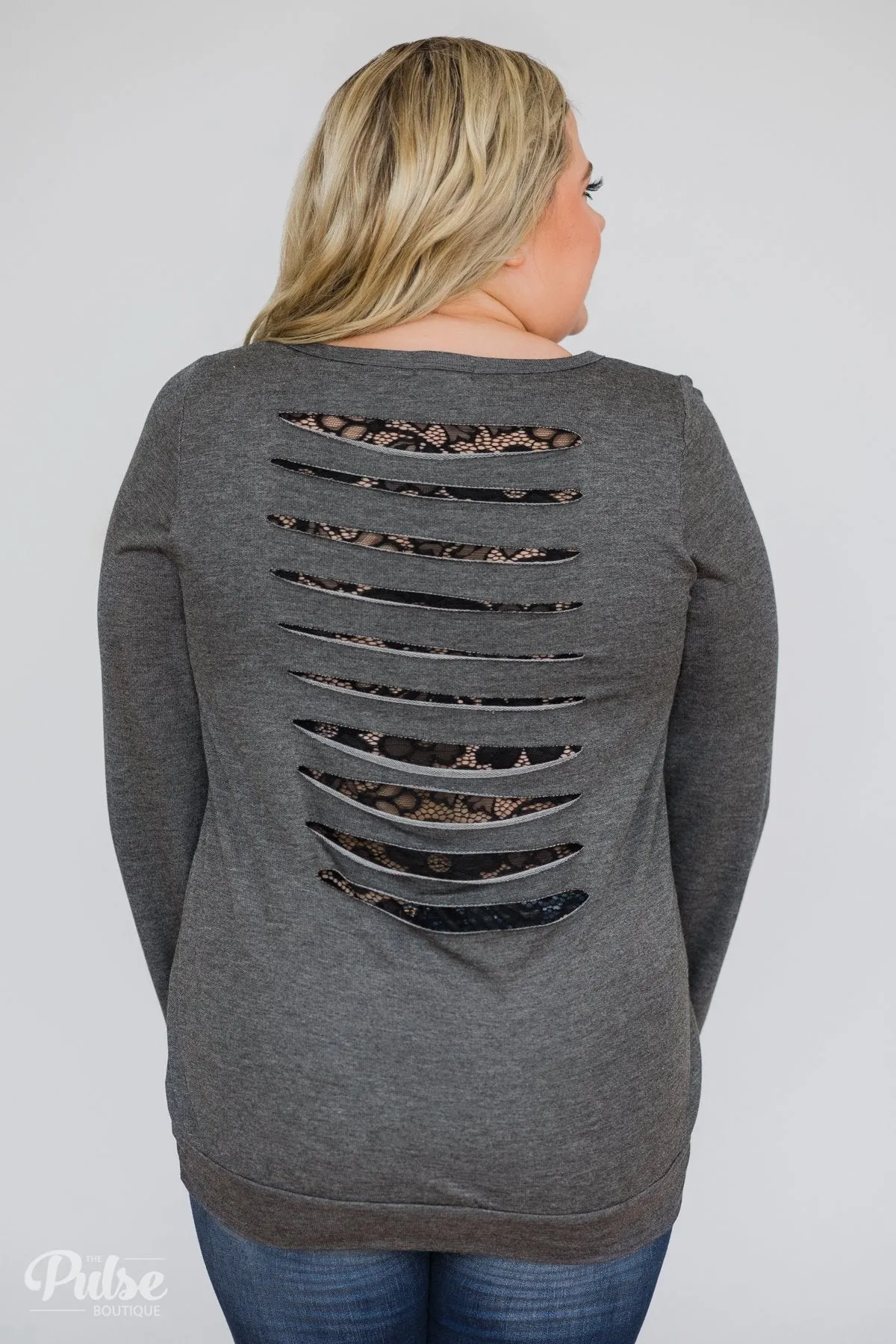 Trace of Lace Long Sleeve Top- Charcoal