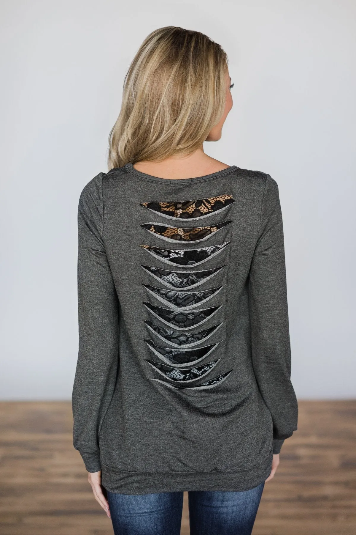 Trace of Lace Long Sleeve Top- Charcoal