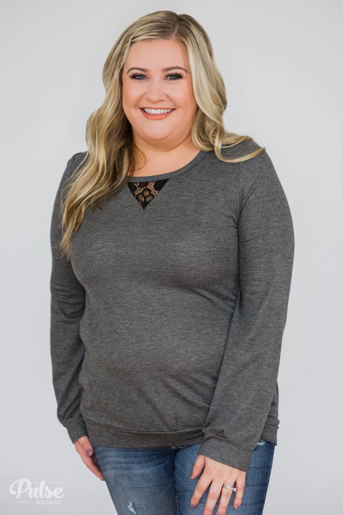 Trace of Lace Long Sleeve Top- Charcoal
