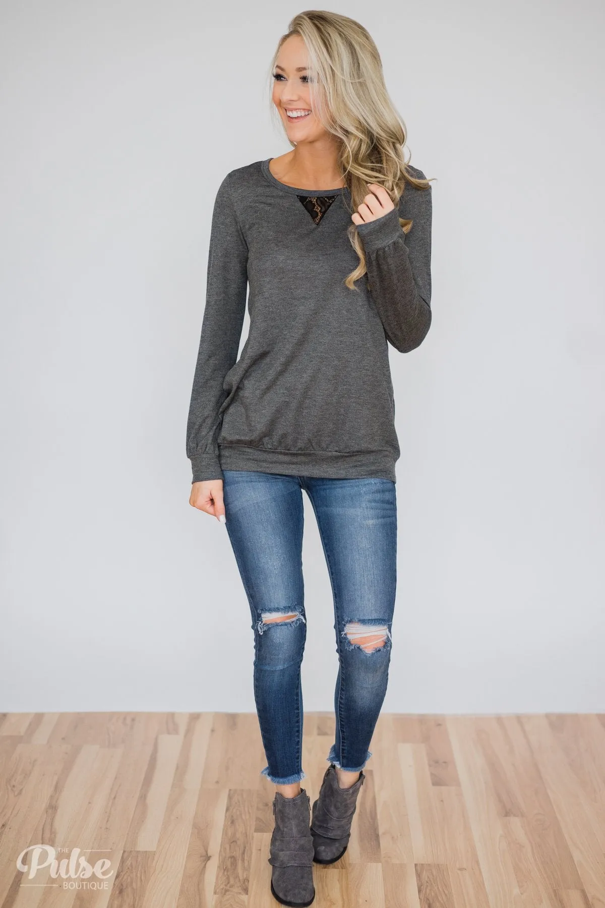 Trace of Lace Long Sleeve Top- Charcoal