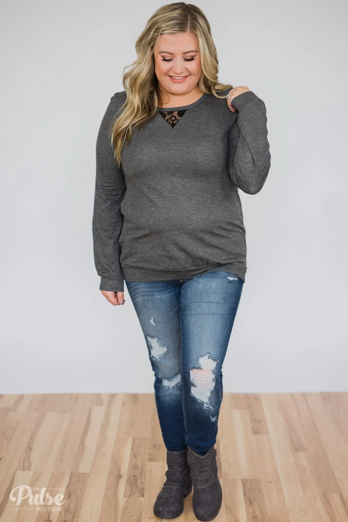 Trace of Lace Long Sleeve Top- Charcoal