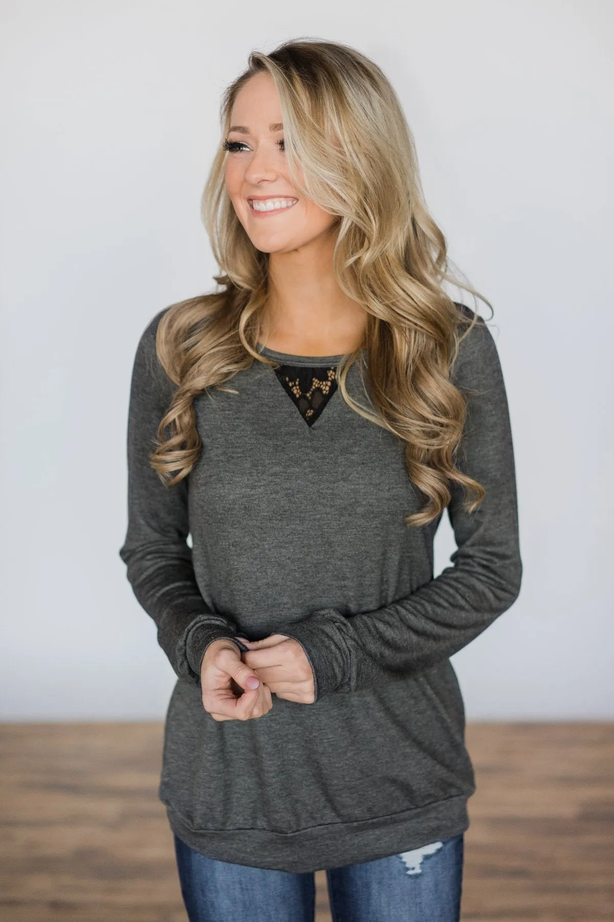 Trace of Lace Long Sleeve Top- Charcoal