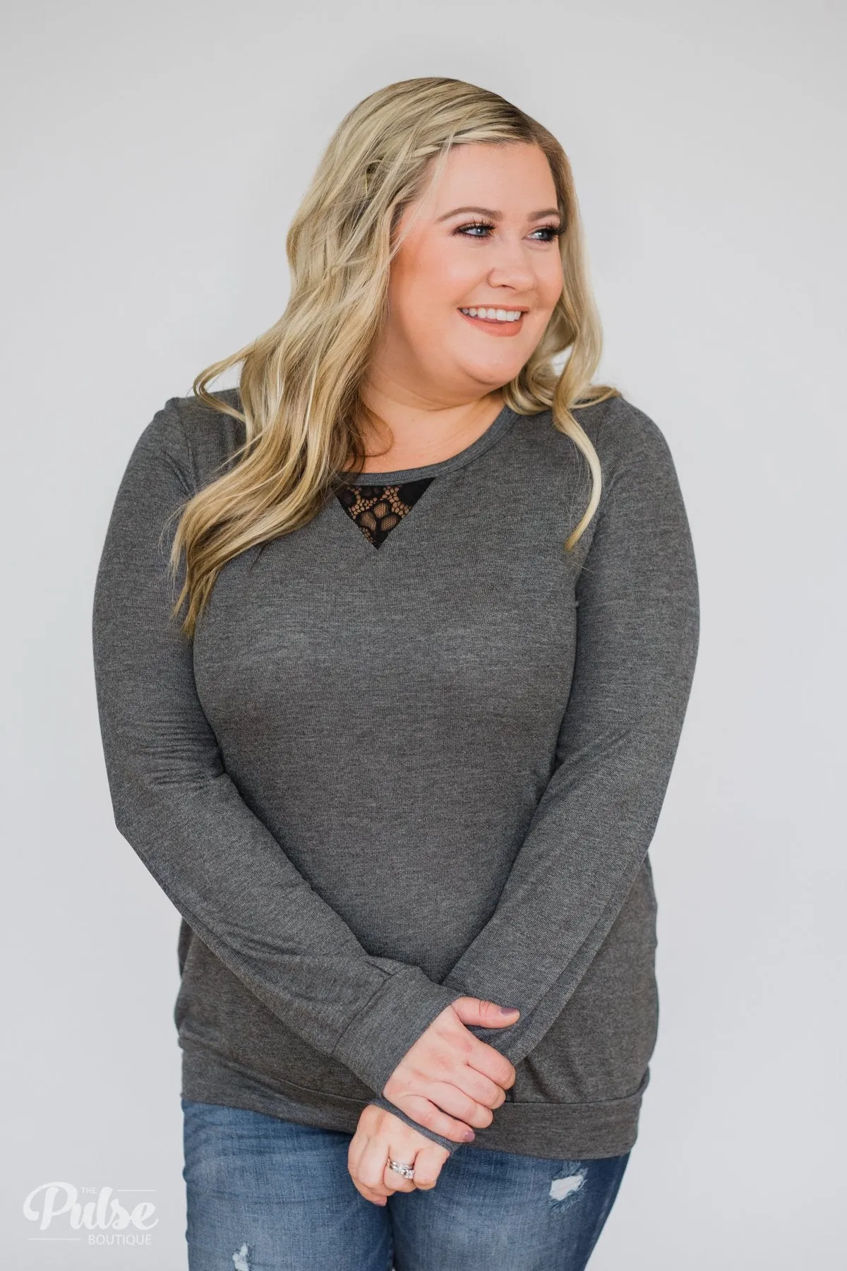 Trace of Lace Long Sleeve Top- Charcoal