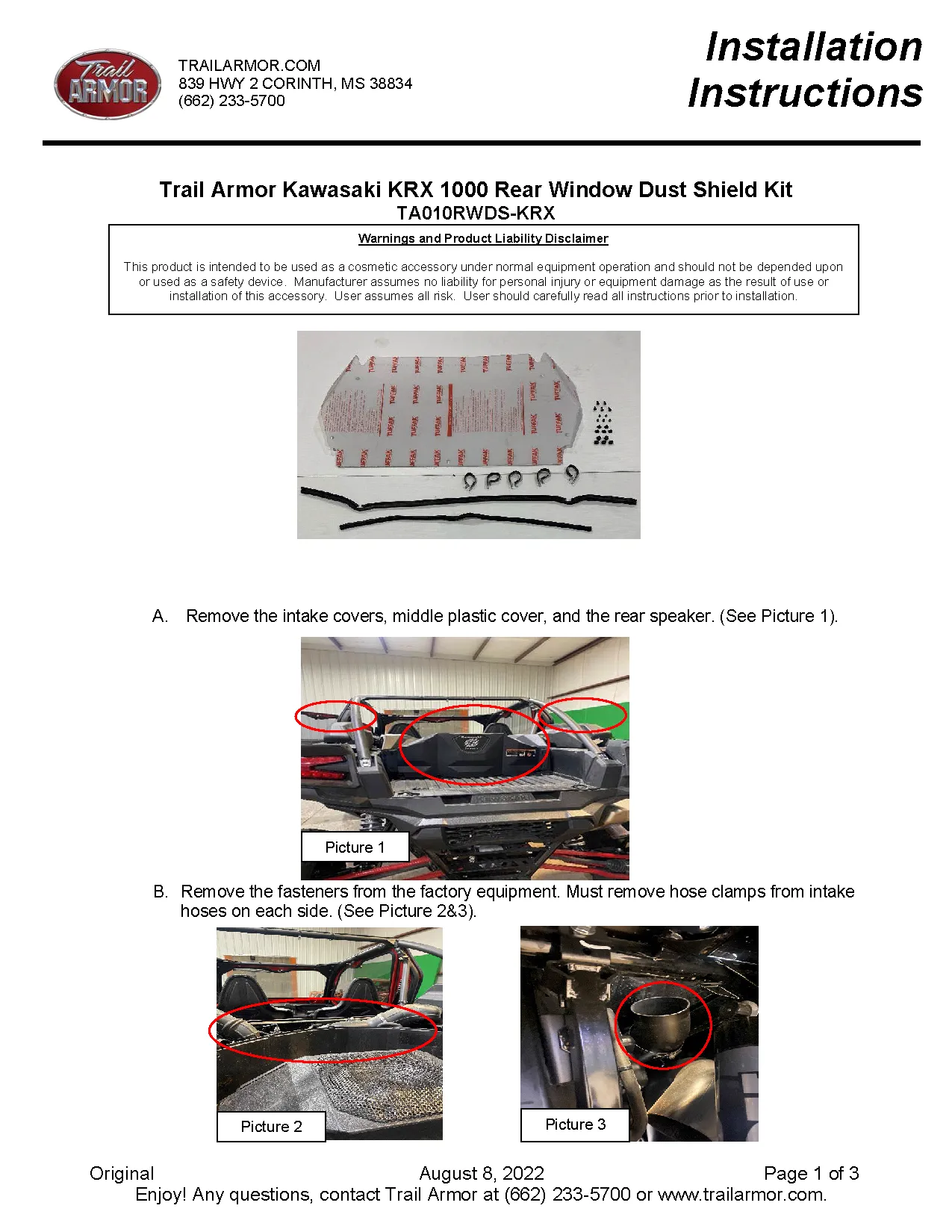 Trail Armor Kawasaki KRX 1000 (Special, Trail, eS, Blackout Editions) Rear Window Dust Shield Kit  2020 - 2025