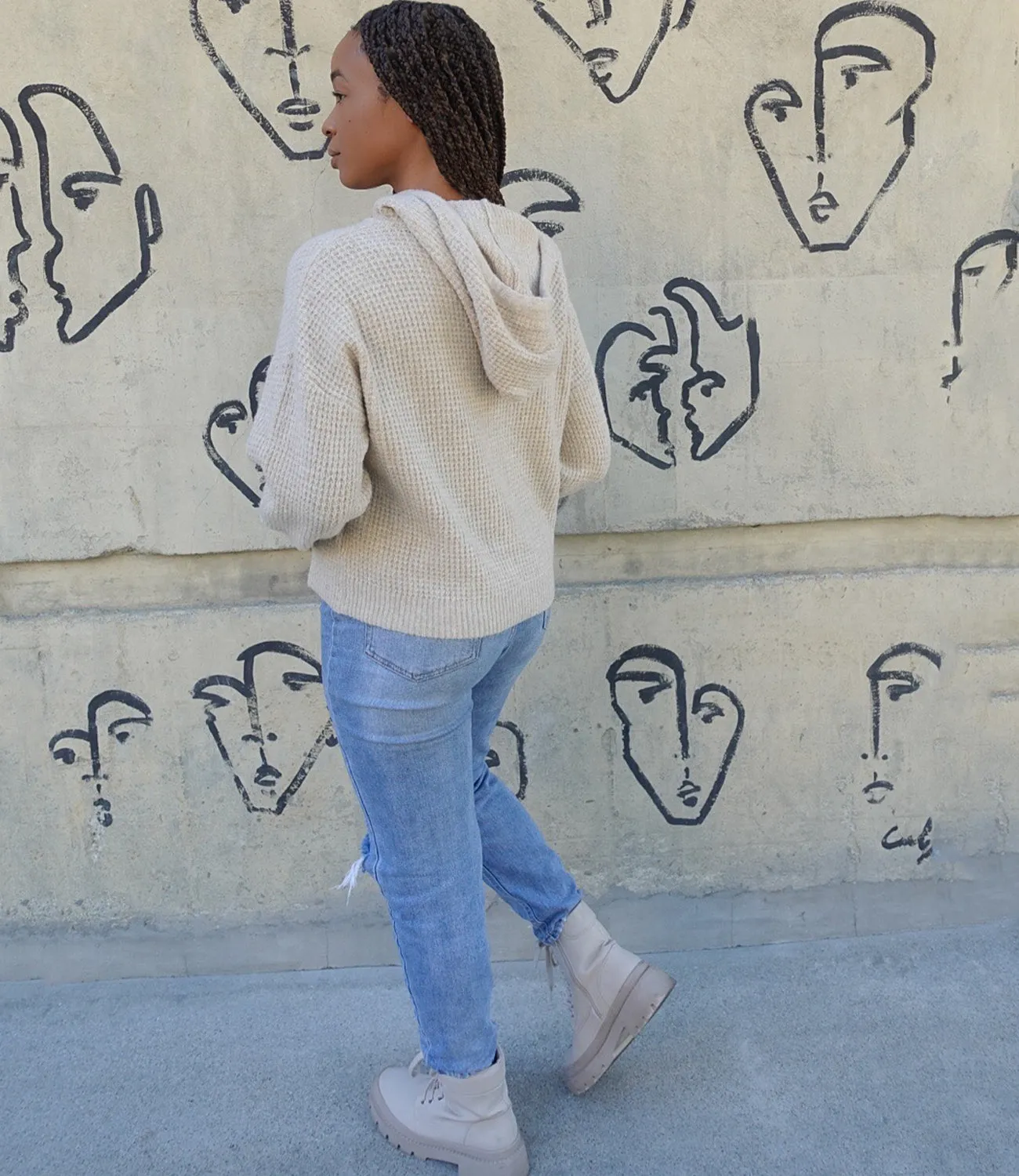 Waffle Knitted Hoodie(Dark Ecru)