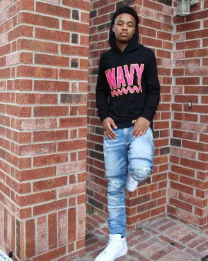 Wavy | Black Jersey Long Sleeve Hoodie