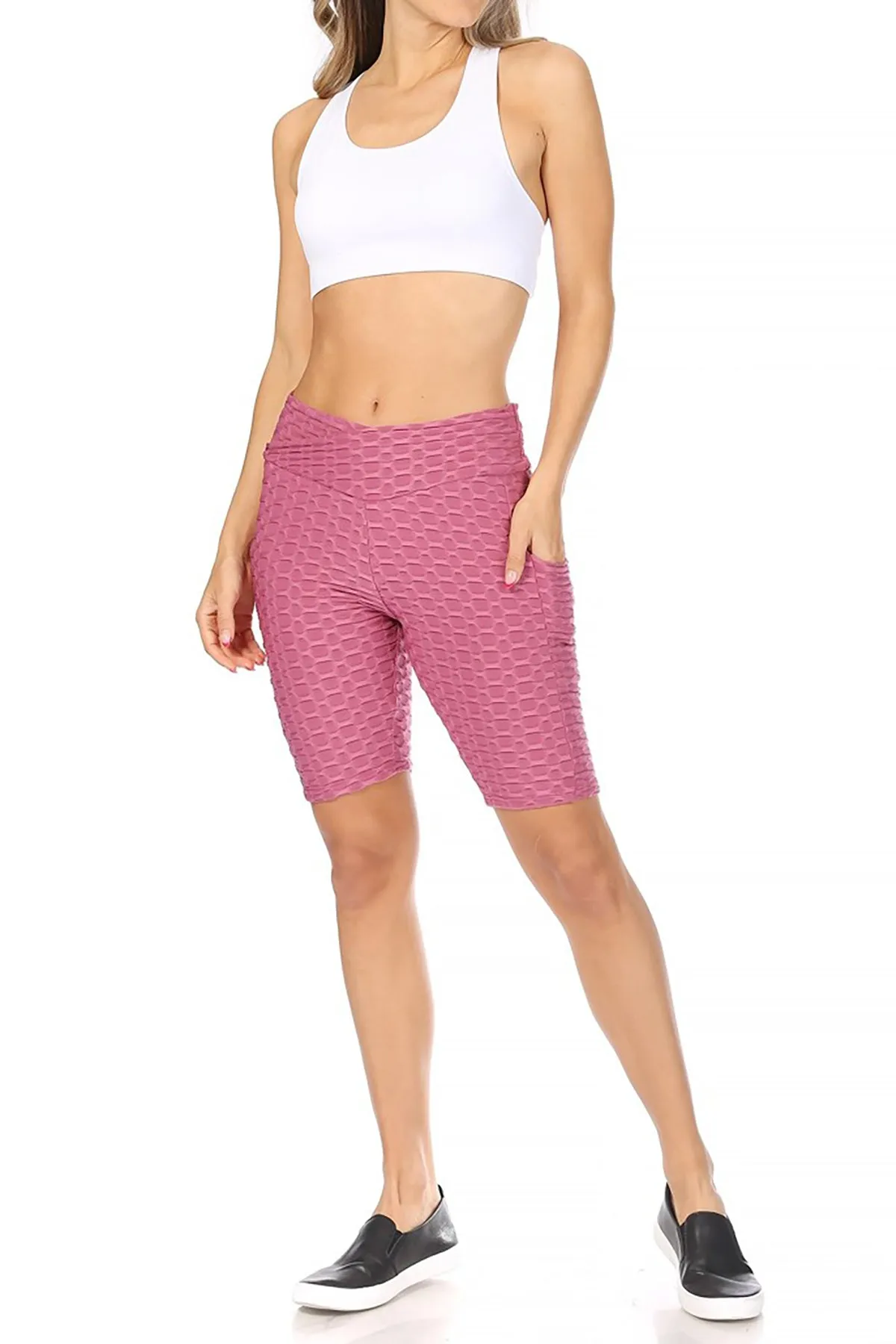 Women's High Waist Pockets Elastic Waistband Mesh Athletic Running Yoga Gym Biker Shorts