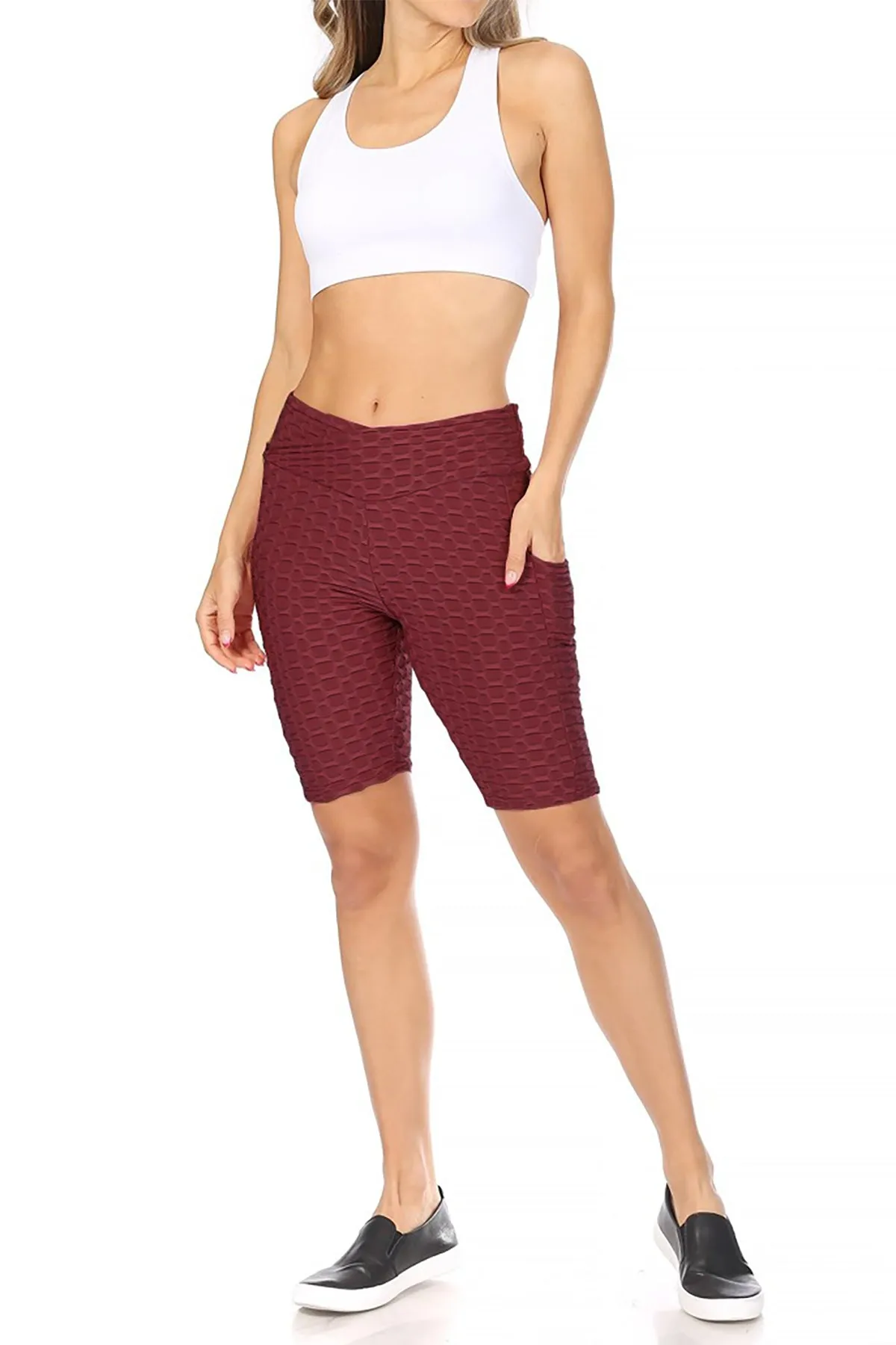 Women's High Waist Pockets Elastic Waistband Mesh Athletic Running Yoga Gym Biker Shorts