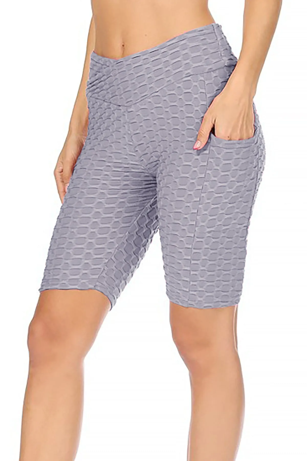 Women's High Waist Pockets Elastic Waistband Mesh Athletic Running Yoga Gym Biker Shorts