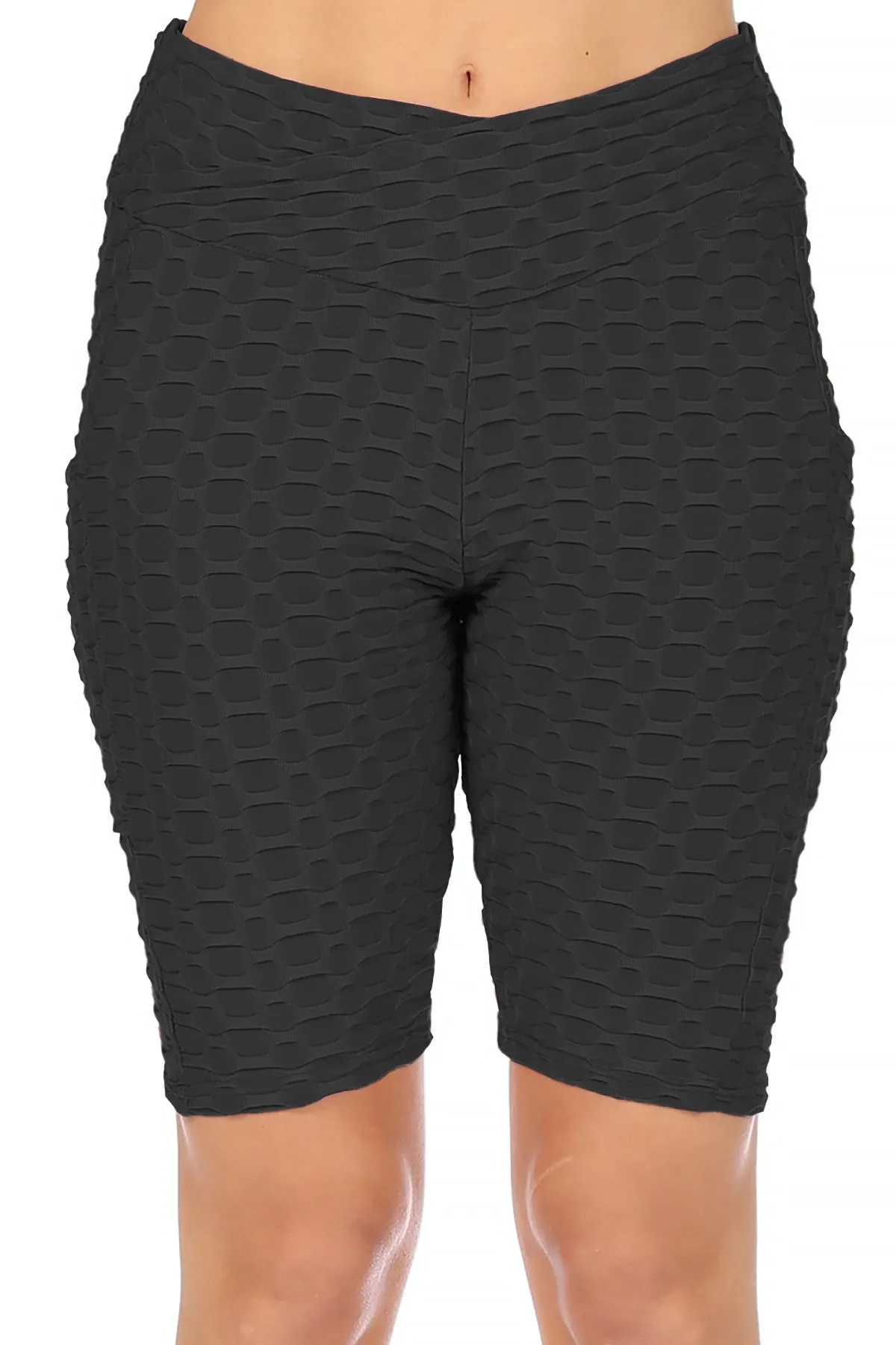 Women's High Waist Pockets Elastic Waistband Mesh Athletic Running Yoga Gym Biker Shorts
