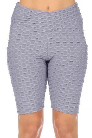 Women's High Waist Pockets Elastic Waistband Mesh Athletic Running Yoga Gym Biker Shorts