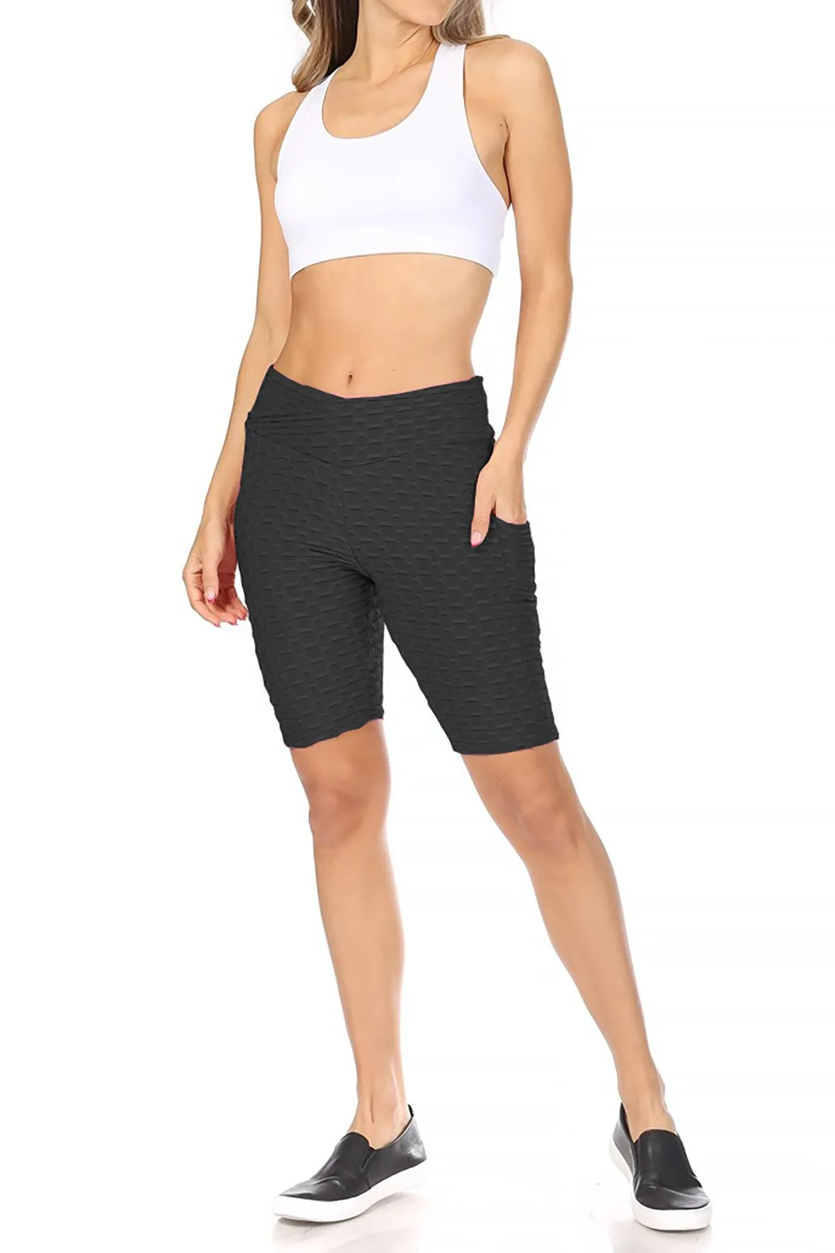 Women's High Waist Pockets Elastic Waistband Mesh Athletic Running Yoga Gym Biker Shorts