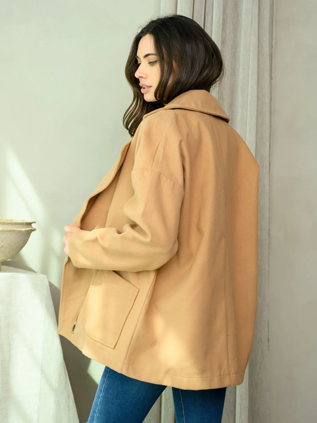 WOMEN'S LONG SLEEVE COLLAR POCKETS COAT JACKET