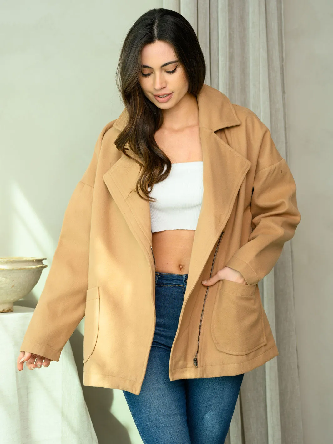 WOMEN'S LONG SLEEVE COLLAR POCKETS COAT JACKET