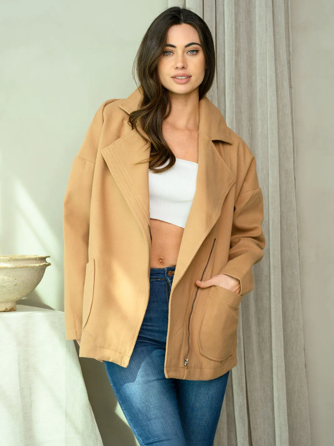 WOMEN'S LONG SLEEVE COLLAR POCKETS COAT JACKET
