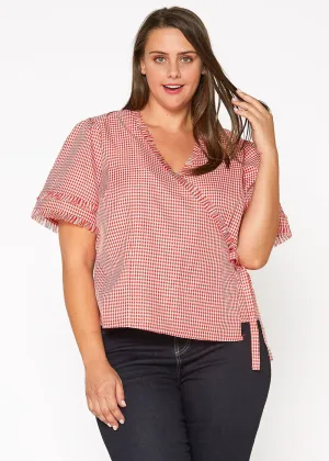 Women's Plus Size Fringe Trim Gingham Wrap Blouse in Red Gingham